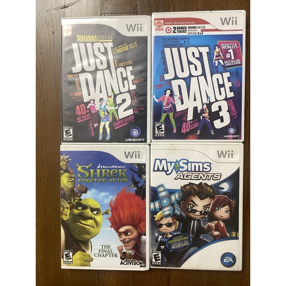 Nintendo Wii Games Bundle Shrek Forever After/Just Dance 2 & 3/My Sims Agents